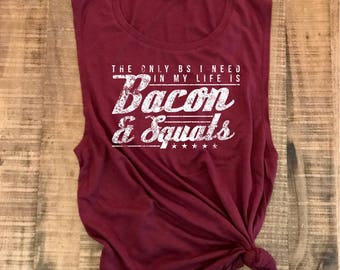 Bacon and Squats Muscle Tee, Funny Workout Tank, Squat Tank, Quad Squad, Gym Tank, Workout Top, Funny Sayings Tank, Maroon