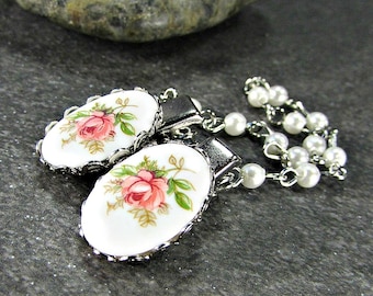 Rose Cameo Sweater Clips, Pink Yellow or Blue, Gold or Silver Plated - Sweater Guard Clasp / Cardigan Clip Chain / Shawl Collar Clips