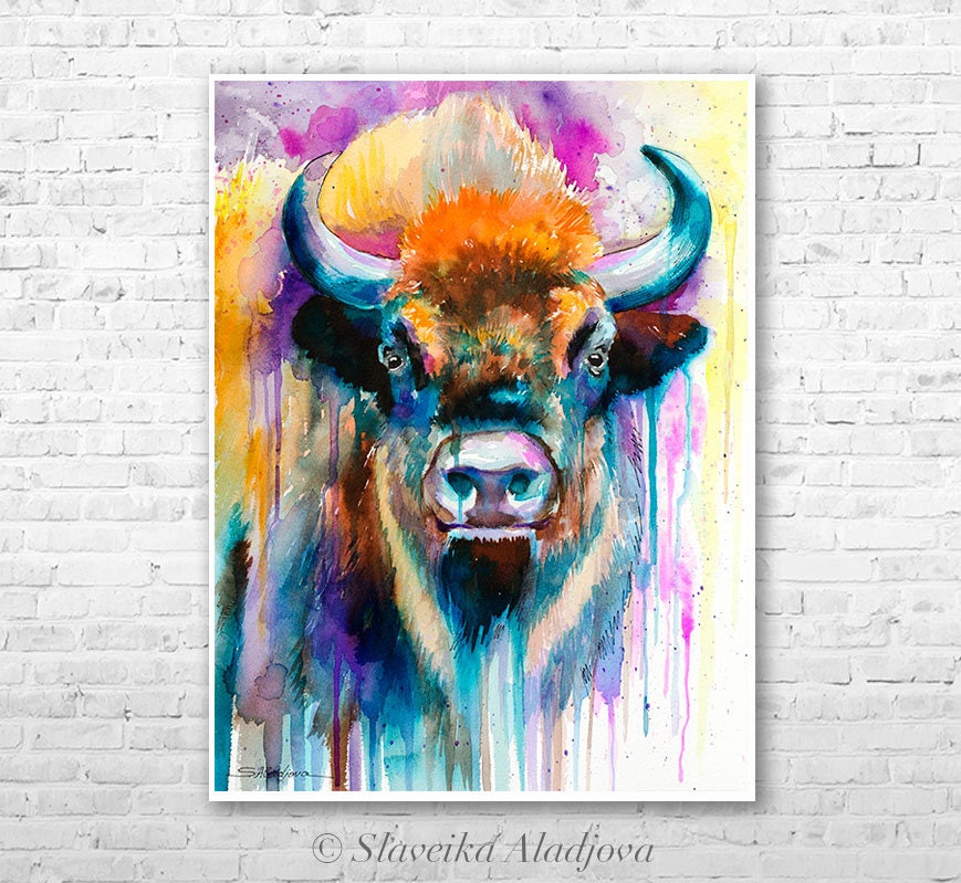 Colorful Bison watercolor painting print by Slaveika Aladjova