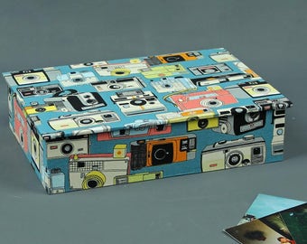Box desk, jewelry boxes, photo box, box with fabric covered boxes for postcards, boxes for petrol, photographers, photo