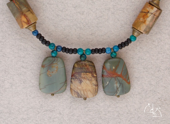 Jewelry set "Nature patterns". Boho necklace, cool earrings and ethnic bracelet. landscape jasper. Great gift for her