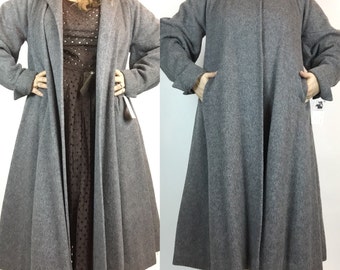 Vintage 40s 50s Long Grey Wool Swing Coat with Persian Lamb Collar, Size L XL
