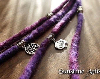 Purple wool dreads-clip in dreadlocks-merino wool dreads-Tibetan silver elephant-tree of life charms-dread beads-Tibetan silver spacer beads