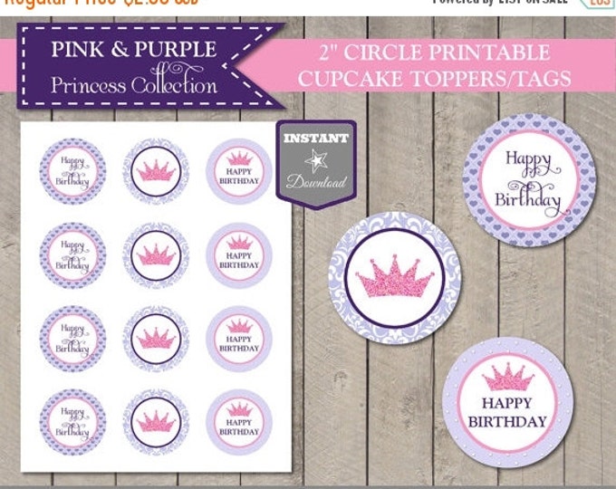 SALE INSTANT DOWNLOAD Princess Cupcake Toppers / Favor Tags / 2" Circle / Printable / Pink and Purple Princess Collection / Item #303