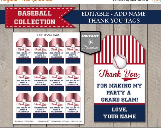 SALE INSTANT DOWNLOAD Baseball Thank You Hang Tags / Editable - Add your name / Printable Diy / Baseball Collection / Item #904