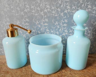 Blue opaline bathroom set, elegant 3 pieces bathroom set from France 1930's, thin opaline glass bathroom storage and decor. Parisian Chic.