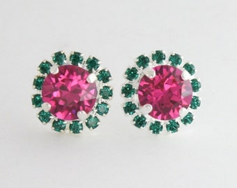 Bridesmaid earrings,wedding jewelry,pink and green earrings,emerald earrings,fuchsia earrings,swarovski,swarovski earrings,halo earrings