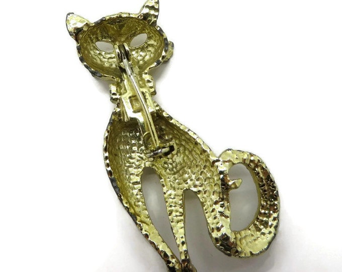 Gold Cat Brooch, Vintage Gold Tone Kitty Pin, Rhinestone Studded Pin, Kitty Kat Pin, Gift Idea