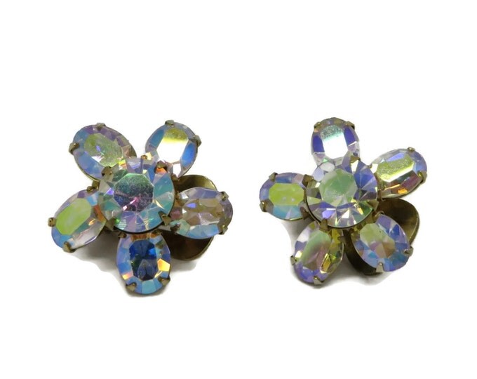 WEISS AB Rhinestone Snowflake Earrings, Vintage Clip-on Earrings