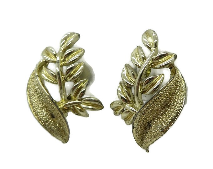 Vintage Coro Earrings, Goldtone Clip-on Earrings, Leaf Earrings, Signed Coro Jewelry