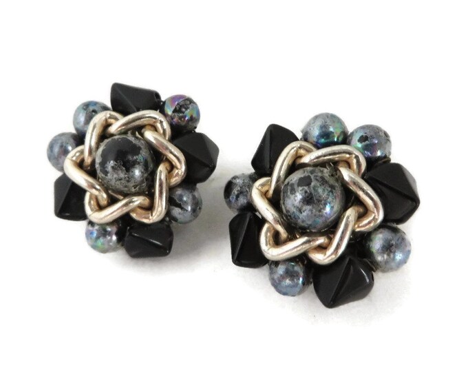 Vintage Japan Blue Cluster Bead Clip-on Earrings