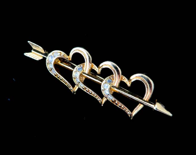 Rhinestone Hearts Brooch, Vintage Pin, Signed Avon Hearts Brooch, Triple Heart and Arrow Rhinestone Studded Pin, Gift for Her