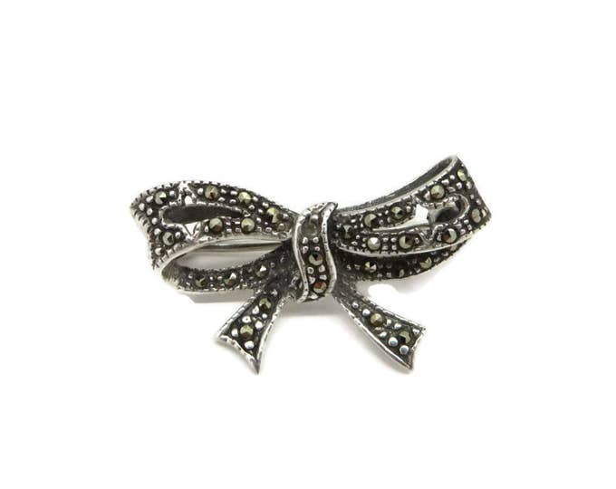 Marcasite Bow Brooch, Vintage Sterling Silver Bow Pin