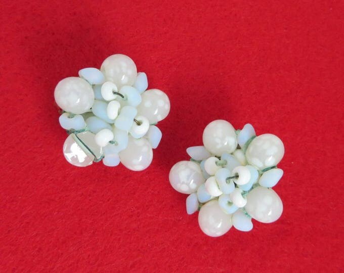 Hattie Carnegie Earrings - Vintage Blue & White Cluster Bead Earrings, Glass Beaded Clip-on Earrings, Gift For Her
