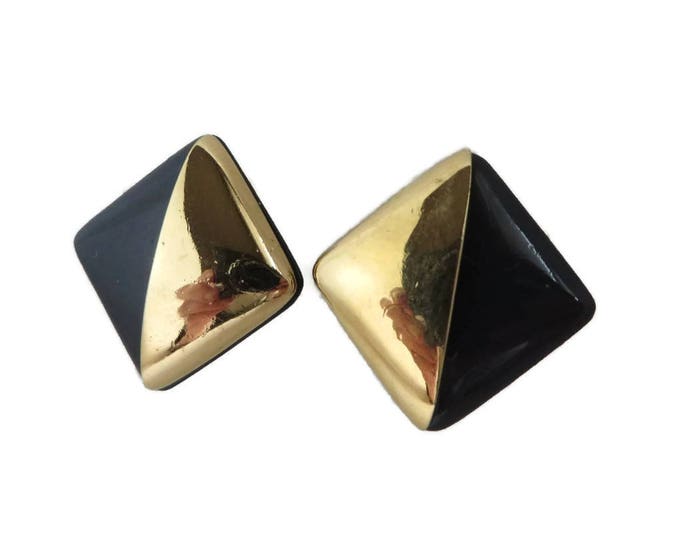 Trifari Square Earrings, Vintage Black & Gold Tone Clip-on Earrings, Signed Trifari Classic Jewelry, Gift Boxed Trifari Square Earrings, Vintage Black & Gold Tone Clip-on Earrings, Signed Trifari Classic Jewelry, Gift Boxed