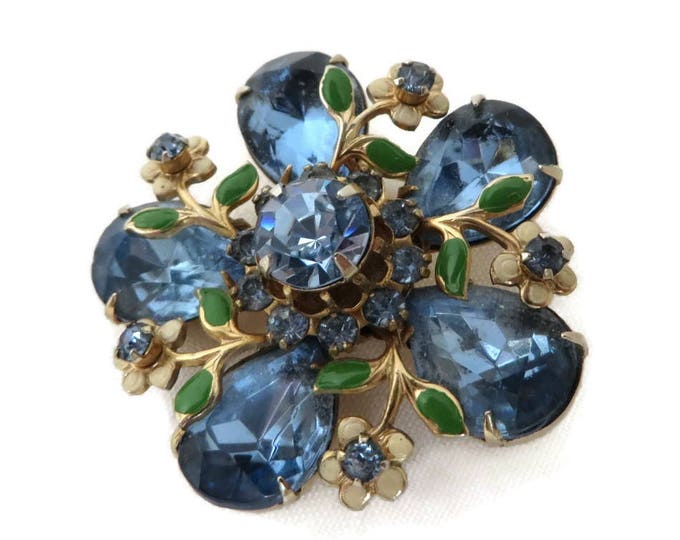 Blue Rhinestone Flower Brooch, Vintage Faux Jade Leaf Designer Runway Estate Jewelry Gift Idea