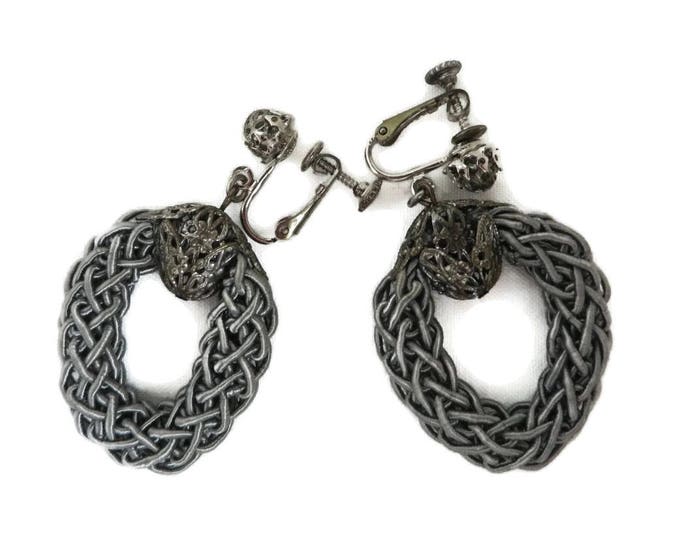 Miriam Haskell Dangling Earrings Vintage Filigree Ball Gray Braided Silk Hoop Screw Back Earrings