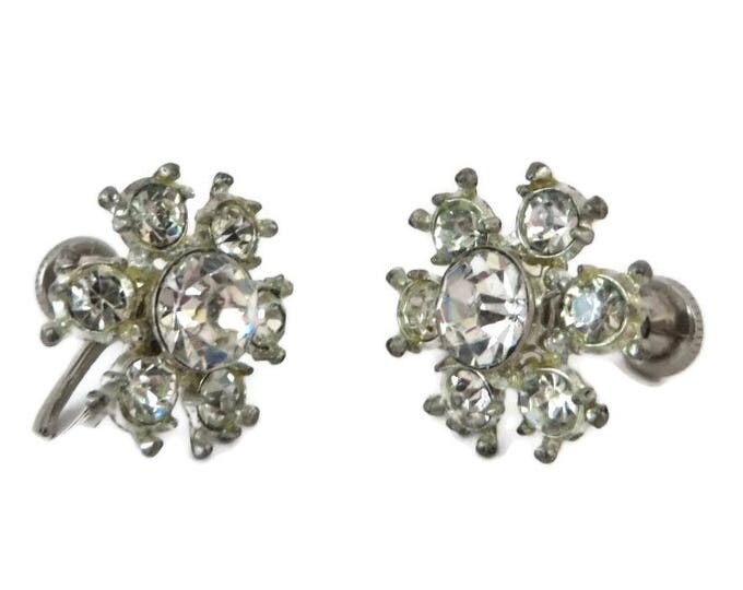 Rhinestone Snowflake Earrings - Vintage Signed Nemo Silver Tone Screw Back Earrings