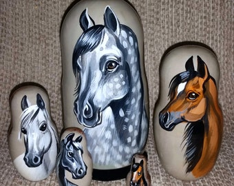 Arabian Horses on Five Russian Nesting Dolls.