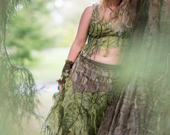 woodland fairy outfit elven dress wearable art mossy green dress upcycled fabricqueen of the woods enchanted dress