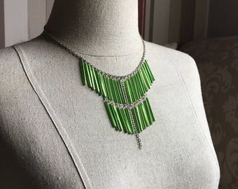 Glass Bugle Bead Bohemian Fringe Necklace in Limeade