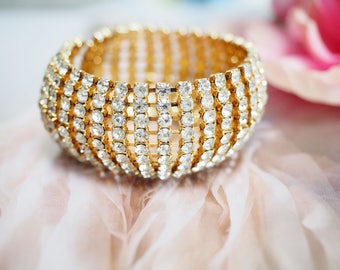 Stylish Wide Crystal Rhinestone Gold Bracelet -Vintage, 9-Rows- SPARKLING!- Bride Bridesmaid, Prom Daughter Birthday gift
