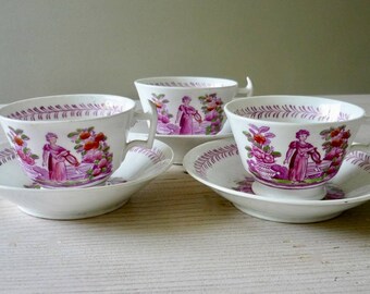 Antique pink lustreware teacups, 19th century lustreware set of 3 cups 1840s, antique teacups and saucers