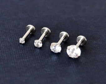 Flat Back Labret Short 16g 6mm Post 2mm 3mm 4mm 5mm CZ Tragus Helix Earring Conch Piercing Stud 16G Internally Threaded 316L Surgical Steel