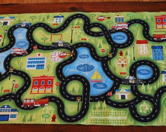 SALE Packable fabric + felt play mat for toy cars