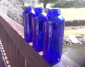 Cobalt Blue Bottles, Vintage, Wedding Vase, Set of 3 light catcher, colbalt blue vases