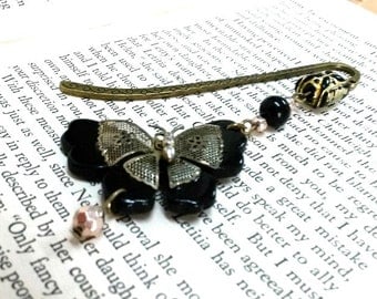 Vintage Butterfly Bookmark, Black Bookmark, Bronze Bookmark, Metal Bookmark, Beaded Bookmark, Student Gift, Teachers Gift, Butterflies
