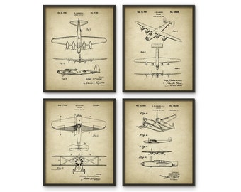 Aircraft Prints Set Of 4 - B17 Flying Fortress Bomber - B24 Liberator Bomber - Warplane - Bedroom Decor - Aircraft Design - Pilot Gift Idea