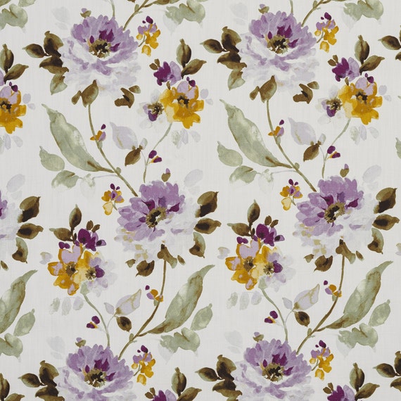 Purple and Gold Flowers and Leaves Cotton Print Upholstery Fabric By ...