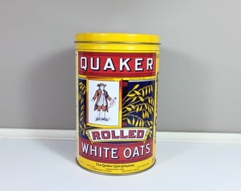 Vintage Quaker Oats Tin Limited Edition English and French - Vintage yellow Quaker tin: Rolled white oats - Retro kitchen tin
