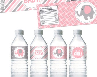 Pink Elephant Water Bottle Labels. Girl Baby Shower Bottle Labels. Printable Wrappers. DIY Wraps. Pink and Grey Elephant Baby Shower Labels