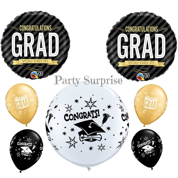 Graduation Balloons Black Gold and White Congrats Grad