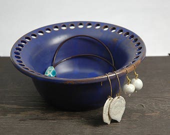 Pottery earring organizer, pottery earring holder, jewelry dish, ceramic earring bowl, cobalt blue