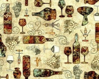 Wine Bottles & Glasses Fabric Fat Quarter, Third Yard, Half Yard, or By-The-Yard; 25903E; Quilting Treasures; Perfectly Vintage; Wine Fabric