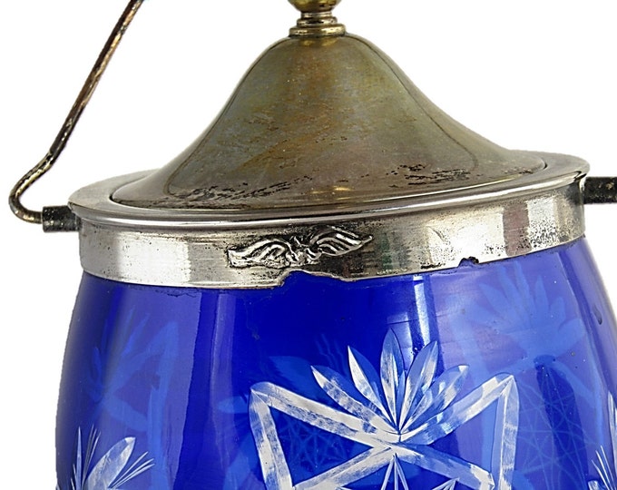 Vintage Cobalt Blue Cut Glass Biscuit Jar | Bohemian Czech Style Cobalt Blue Tea Caddy | Cobalt Blue Cut to Clear Crystal Large Jar Mom