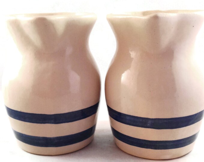 Two VINTAGE Clay Pitchers | Jugs | Crocks Cream with Blue Stripes | Farmhouse Decor | Rustic