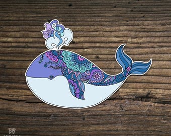 Vinyl whale sticker, ocean life, zentangle doodle sticker, laptop sticker, art sticker, whale art, Ipad sticker, car sticker