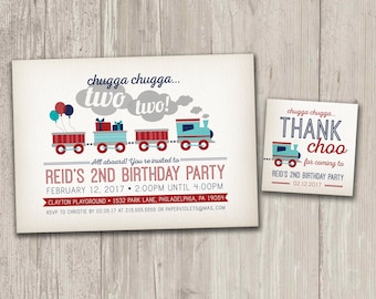 Vintage Style Train Birthday Invitation, Train Birthday Party, Chugga Chugga Two Two Invite with FREE matching favor tags | Digital File