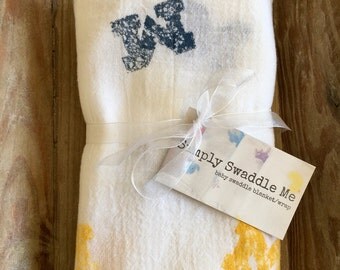 Michigan - Baby blanket - Swaddle Blanket - Navy/Yellow - Cotton - Hand Stamped - Vintage Inspired