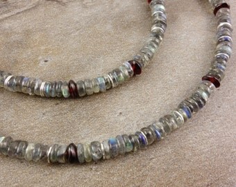 Labradorite necklace with Garnet and sterling silver, Labradorite, Garnet, 925 Silver, gemstone necklace, gems, delicate chain, necklace, grey, gift