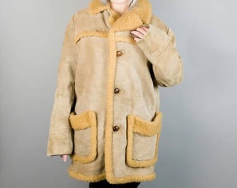 70s vintage leather shearling coat mens 44 tall, Marlboro man rancher heavy leather jacket, Long oversized shearling cowboy western coat xxl