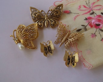 Vintage Butterfly Pin Lot, 5 Gold Tone Butterflies, Butterfly Pins Brooches, Designer Butterfly Pins, Monet, JJ, 1928