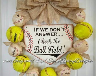 Baseball and Softball Wreath with burlap bow - Made with REAL balls!!! Home Base Sign -Softball- Ballfield- MLB - Baseball-Front Door Wreath