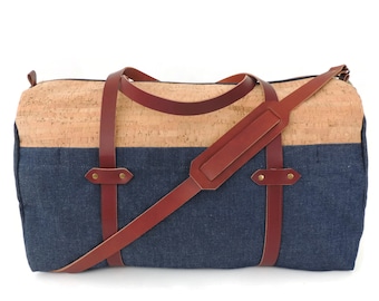 SALE Cork and Denim Weekender Bag/ Unisex Duffle Bag/ Large Travel Bag/ Denim Overnight Bag/ Cork Duffel Bag/ Made in USA Bag/ Spicer Bags