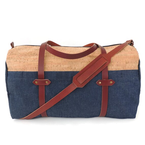 SALE Cork and Denim Weekender Bag/ Unisex Duffle Bag/ Large