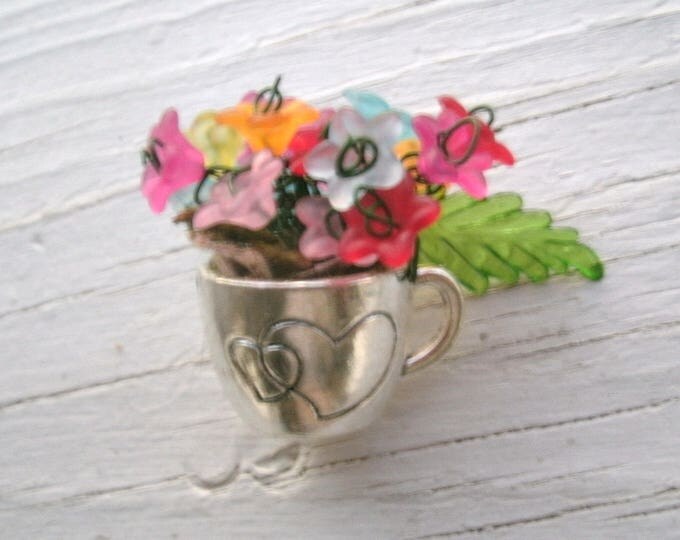 Miniature Flowers in tiny silver cup, mini floral home decor, small bright flowers, or more pastel colors , no 2 the same, Made to order